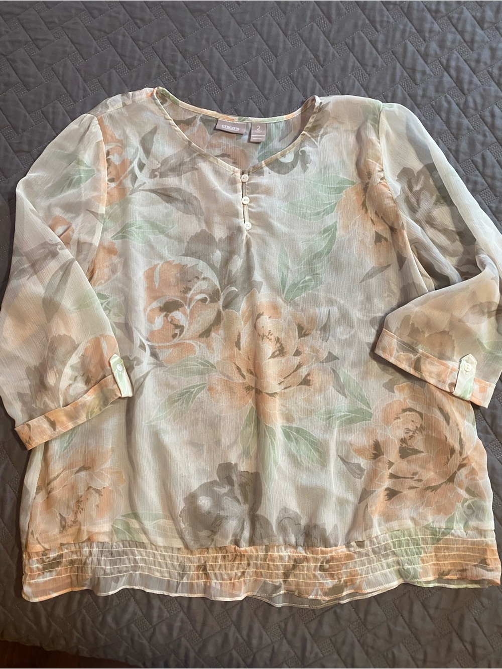 Chico’s Women’s Floral Sheer Blouse Size 2 Peach & Sage